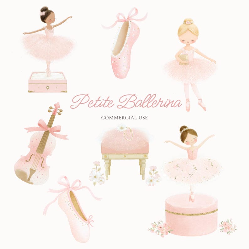 May include: Watercolor illustration featuring ballet-themed elements. The image includes ballerinas, ballet shoes, a violin, and a small stool, all in soft pink hues. The text "Petite Ballerina" is displayed in a delicate script, with "COMMERCIAL USE" below.