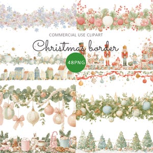 Op de afbeelding: Watercolor kerst border clipart met diverse feestelijke elementen. Inclusief sneeuwvlokken, ornamenten, huizen, notenkrakers en kerstbomen. De tekst "Christmas border" wordt weergegeven in een decoratief lettertype, met "48PNG" in een groene cirkel.