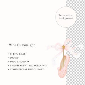 May include: Watercolor illustration featuring a pink ballet slipper with gold accents, suspended by a pink ribbon and a gold star. The text "What's you get" is displayed, along with details about the files.