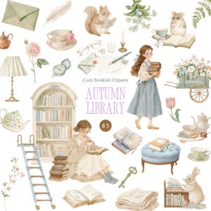 May include: A collection of watercolor illustrations featuring a library theme, including a bookshelf, a ladder, books, teacups, a squirrel, a hamster, a rabbit, a person reading, a person holding books, flowers, a lamp, and the text Cozy Bookish Cliparts.
