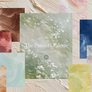 Op de afbeelding: Een verzameling rechthoekige digitale kunstprints met diverse abstracte olieverftexturen in tinten bruin, dieprood, lichtblauw, marineblauw, geel en zachtroze. De centrale afbeelding toont de tekst Moody Neutrals The Painter's Palette 73.