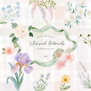 May include: A collection of watercolour botanical illustrations, including irises, roses, and daisies, with sprigs of lavender and other floral elements. The image features the text "Watercolor Clipart Whimsical Botanicals Commercial Use". The background is a checkered pattern.