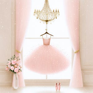 May include: A watercolor illustration of a ballet-themed scene. A pink tutu dress hangs in a window, with pink curtains and a gold chandelier. A vase of pink roses and ballet shoes complete the scene.