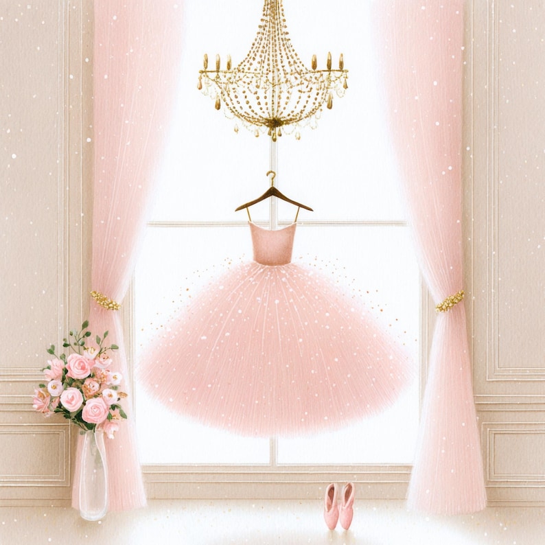 May include: A watercolor illustration of a ballet-themed scene. A pink tutu dress hangs in a window, with pink curtains and a gold chandelier. A vase of pink roses and ballet shoes complete the scene.