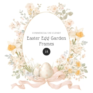 Könnte beinhalten: Ein ovaler Rahmen mit dem Text "Easter Egg Garden Frames" und der Zahl 18. Der Rahmen ist mit Aquarellblumen, Narzissen und einem hellrosa Band verziert. Mehrere Ostereier befinden sich am unteren Rand des Rahmens.