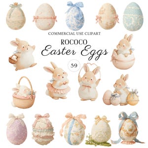 May include: Watercolor illustration of Rococo Easter eggs and bunnies. The eggs are decorated with bows and floral patterns in pastel colors. The bunnies are holding baskets and eggs. The text "Rococo Easter Eggs" is displayed.