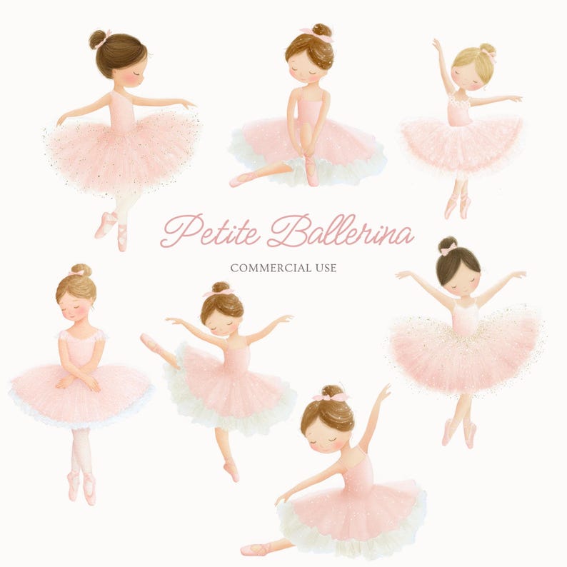 May include: Watercolor illustration of seven young ballerinas in various poses. Each ballerina wears a pink tutu and ballet shoes. The text "Petite Ballerina" is written in cursive above the ballerinas, with "COMMERCIAL USE" below.