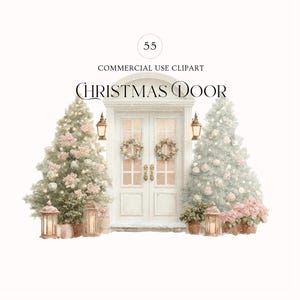 55 Christmas Front Door Watercolor Clipart Cozy Winter Porch Decor PNG Wreath Door Red Holiday House Illustration Commercial Use