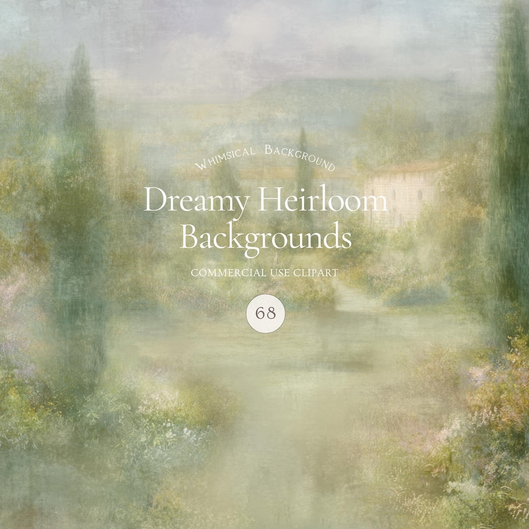 68 Dreamy Heirloom Backgrounds, Soft Painterly Landscape PNG Bundle, Impressionist Botanic