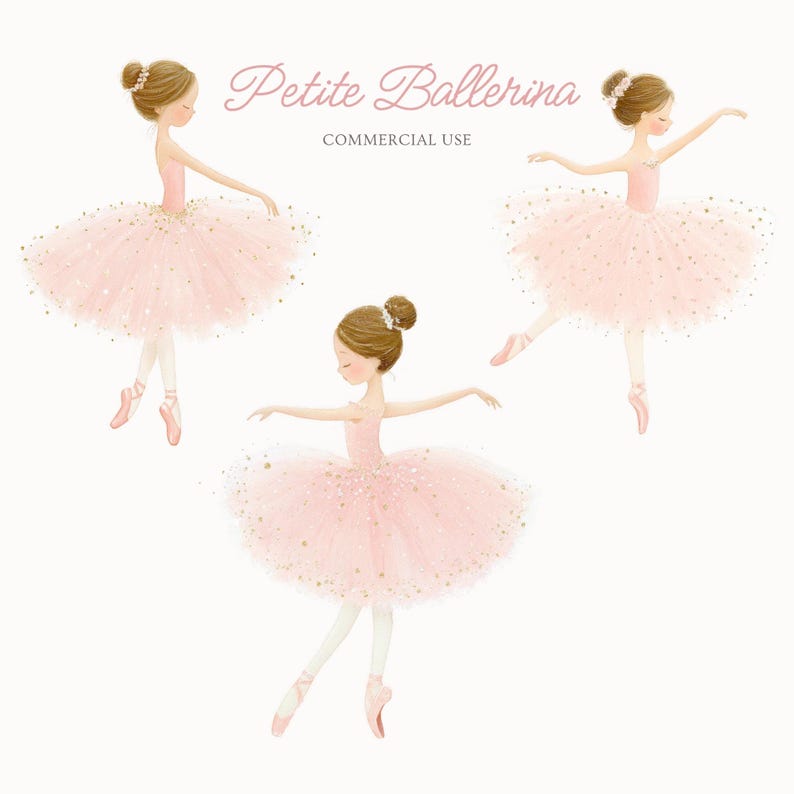 May include: Illustration of three young ballerinas in pink tutus and pointe shoes. The image has the text "Petite Ballerina" and "Commercial Use". The ballerinas are in various ballet poses, with their arms gracefully extended.
