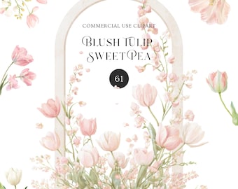 61 Soft Pastel Blush Tulip Floral Wreath Border Frames Clipart Bundle l Watercolor Flowers Wedding PNG Cottagecore Botanical Art