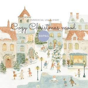 80 Christmas Village Watercolor Clipart Cozy Winter Town Illustrations Cottage Street Fairy Tale Holiday Scene PNG Bundle Pastel House