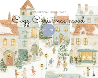 80 Christmas Village Watercolor Clipart Cozy Winter Town Illustrations Cottage Street Fairy Tale Holiday Scene PNG Bundle Pastel House