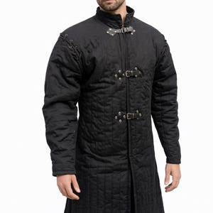 Black Quilted Gambeson  Long Sleeve Medieval Padded Armor Jacket with Buckle Closure,