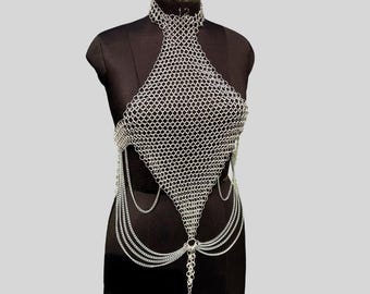 Handmade Aluminum Chainmail Top | Festival Body Chain Armor | Belly Dance Metal Top