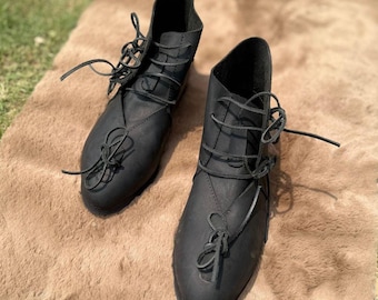 Medieval Boots, Black Leather Viking Footwear with Front And Side Lacing