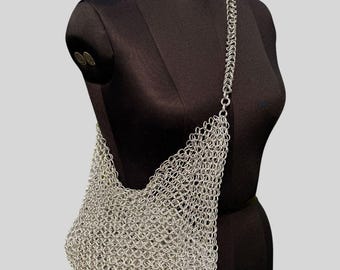 Chainmail Bag, Unique Silver Chain for Women, Artisan Crafted Chainmail Mesh Tote, Boho Armor,