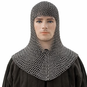 Cuffia in maglia di ferro con inserti – Anelli in acciaio dolce da 10 mm, calibro 16, cappuccio per armatura medievale, catena con scollo a