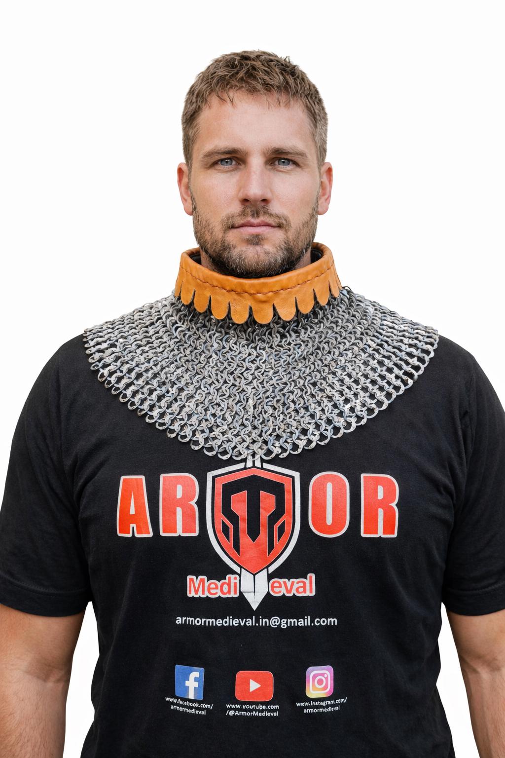 Chainmail Collar Titanium - 9mm Flat Ring Neck Armor with Leather Trim Medieval LARP & Costume