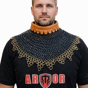 Chainmail Gorget, 9mm Mild Steel with Brass Zig-Zag Trim