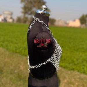 A side profile view of the silver chainmail top on a black dress form against a blurred green field.