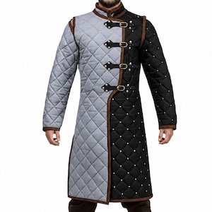 Mittelalterliche Gambeson-Jacke, schwarz-grau, gesteppt, wattiert, Rüstungsmantel, Rittertunika, LARP, SCA, Reenactment