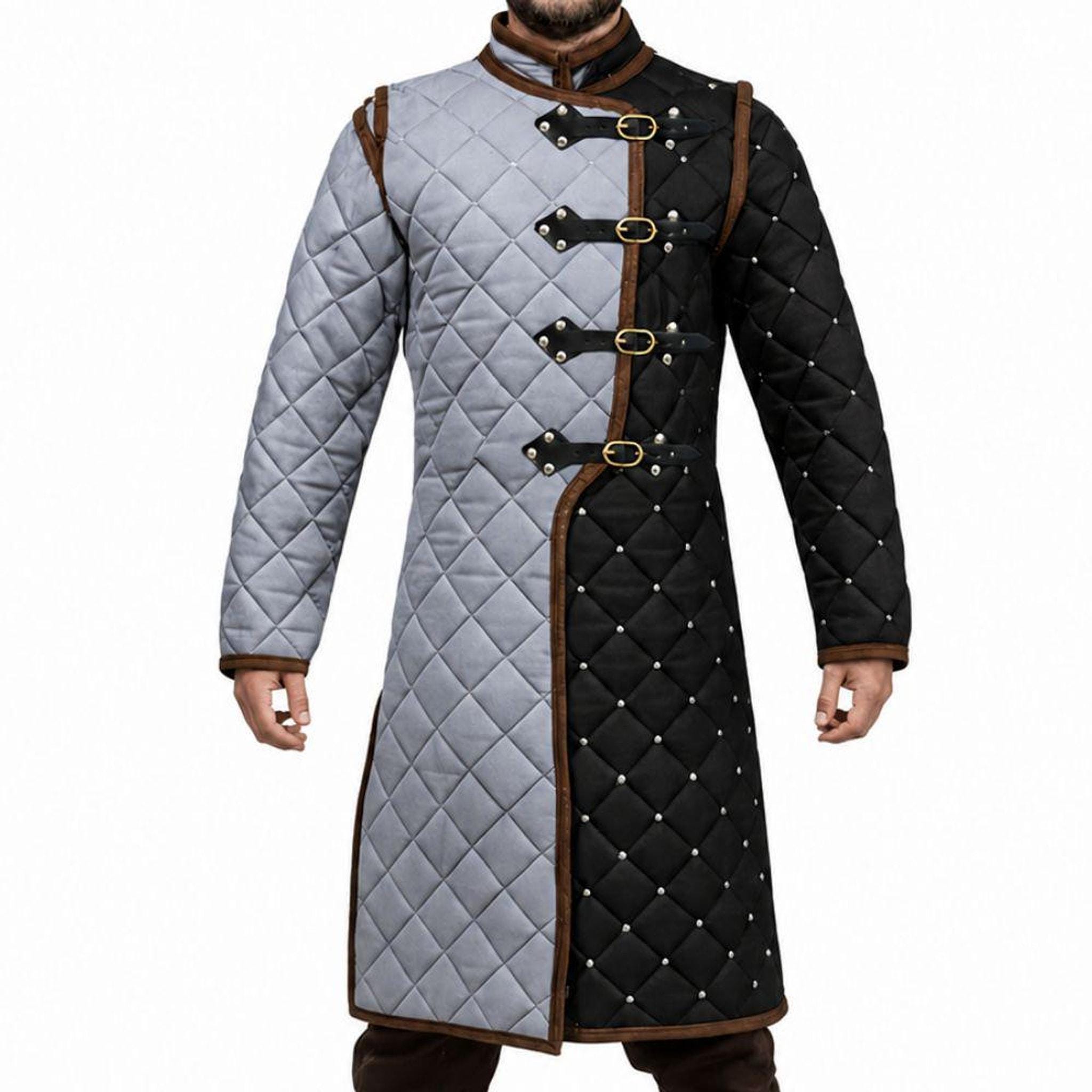 Gambeson Jacket, Black And Grey Diamond-Quilted Padding LARP Armor with Leather Buckles