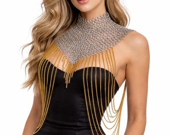 Chainmail Top, Gold Fringe, Festival Top, Medieval Costume Body, Handmade Rave Outfit,