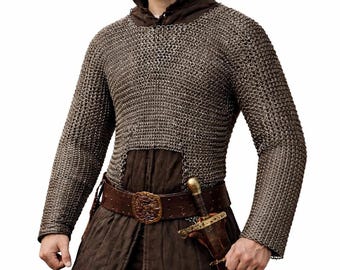 Titanium Chainmail Hauberk, 9mm Dome-Riveted Flat Rings | Long Sleeve Reenactment Armor
