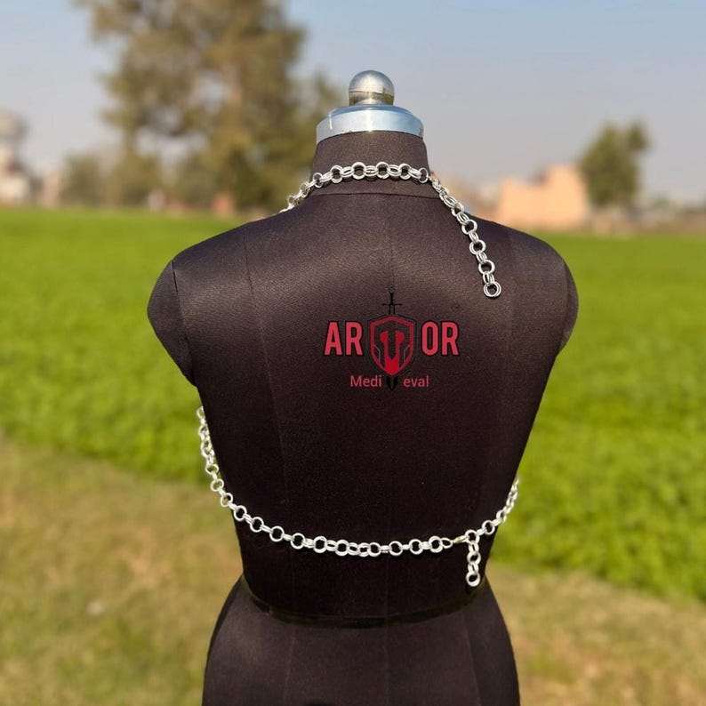 The back view of the silver chainmail top showing the interlocking chain straps on a black dress form outdoors.