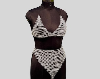 Aluminum Chainmail Bikini Set | Handmade Bra & Skirt | Festival Outfit | Rave Wear | Medieval LARP Costume,