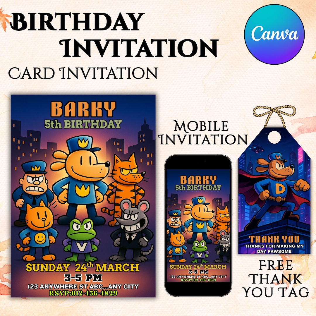Dog Man Birthday Invitation Printable Dogman Party Card Editable