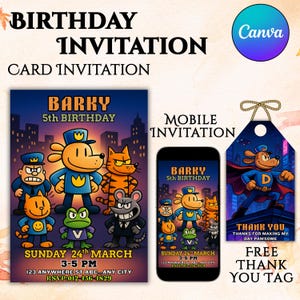 Invitación de cumpleaños de Dogman / Tarjeta imprimible de fiesta de Dogman / Invitación de cómic editable / Cumpleaños de superhéroe / Plantilla para fiesta infantil