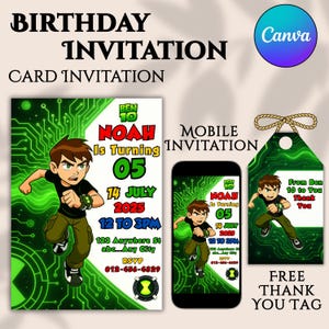 Convite editável de aniversário do Ben 10 | Convite para festa de super-heróis | Cartão de aniversário infantil para download digital | Modelo para festa do Ben 10