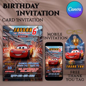 Bewerkbare raceauto verjaardagsuitnodiging | Lightning McQueen Cars-uitnodiging | Uitnodiging voor Hot Wheels-feest | Verjaardagskaart racen voor kinderen