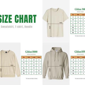 May include: A size chart for Gildan brand apparel, including t-shirts, sweatshirts, and hoodies. The chart displays measurements for width, length, and sleeve length in inches for various sizes, from S to 4XL. The text "SIZE CHART" is in green.
