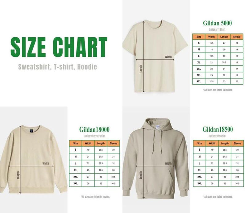 May include: A size chart for Gildan brand apparel, including t-shirts, sweatshirts, and hoodies. The chart displays measurements for width, length, and sleeve length in inches for various sizes, from S to 4XL. The text "SIZE CHART" is in green.