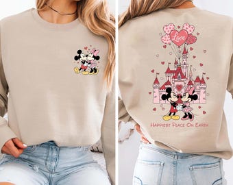 Comfort Colors Disney Happiest Place On Earth Shirt, Mickey Minnie Valentine Kiss Castle Sweatshirt, Disney Lovers Sweater