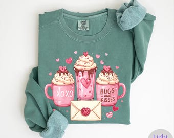 Comfort Colors Valentine Coffee Sweatshirt, Womens Valentines Day Sweater, XOXO Sweatshirt, Coffee Lover Gift, Pink Coffee Valentine Shirt