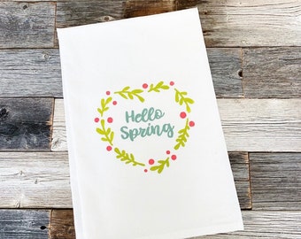 Spring Towel, Hello Spring, Rabbit With Flowers Flour Sack Tea Towel ...