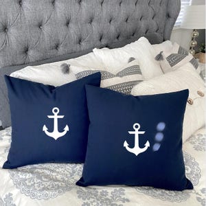 Navy Anchor Pillow Covers - Set of 2 (18&quot;x18&quot;) – Nautical Coastal Throw Pillows, Beach House Decor, Lake Cabin, Navy Blue Boat Theme Cushion