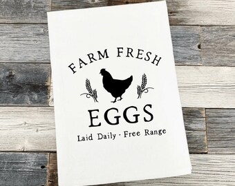 Farm Fresh Eggs Laid Daily Free Range Farmhouse Kitchen Tea Towel | Homestead Farming | Housewarming Gift | Gift for Mom