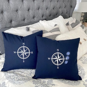 Set of 2 Nautical Compass Rose Pillow Covers – Navy Blue Coastal Decorative Cushions for Beach House or Travel-Inspired Décor