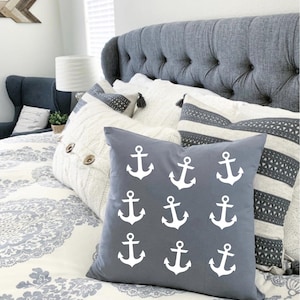 Anchor Pattern Pillow Cover – Misty Gray 18x18” Coastal Cushion Cover, White Nautical Print Throw Pillow for Beach House or Boat Decor