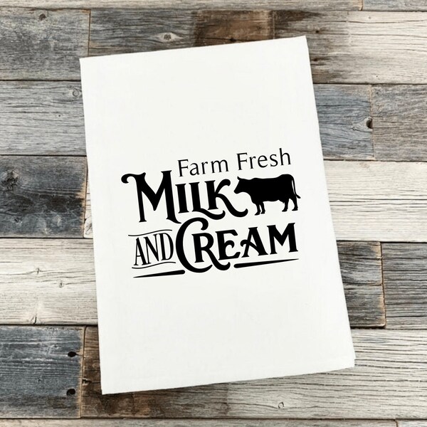 Fresh Farm Milk And Cream Farmhouse Kitchen Tea Towel | Modern Farmhouse | Kitchen Decor | Cows & Chickens | Livestock | Gifts under 10