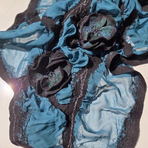 Handmade Nuno-Felted Merino Wool and Chiffon Shawl: Green Scarf with Felted Flowers