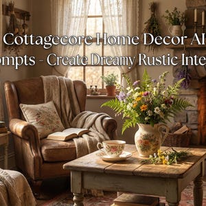 May include: A warm cottage interior with a leather armchair, a lit fireplace, and a small wooden table. The room features floral decorations, a vase of flowers, and soft lighting. The image includes the text "25 Cottagecore Home Decor AI Art Prompts - Create Dreamy Rustic Interiors."
