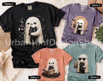 Ghost Cat Shirt, Grumpy MEH Halloween Tee, Spooky Coffee Lover Graphic Shirt