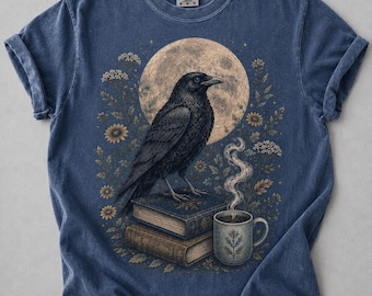 Camiseta "Estoy literalmente bien", estampado floral gótico melancólico, camiseta con humor sobre salud mental y colores reconfortantes.