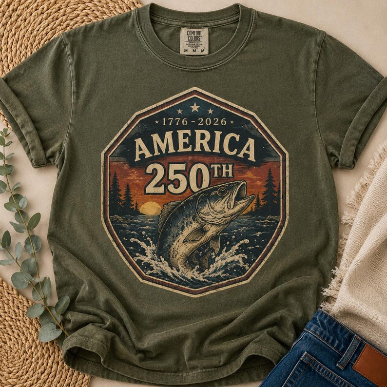 May include: An olive green short-sleeve t-shirt featuring a graphic of a jumping fish in water with a sunset background. The text reads 1776-2026 AMERICA 250TH inside an octagonal border. The shirt has a crew neck and a Comfort Colors brand label.